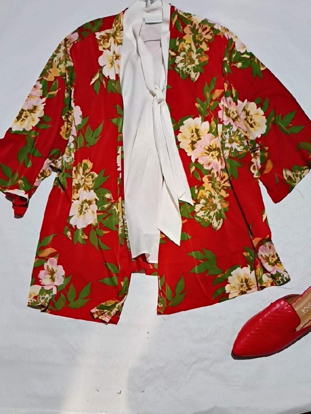New York & Company Red Floral Kimono Jacket with White Tie Blouse